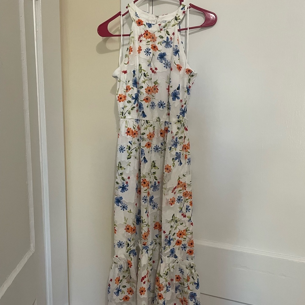 Elle White Floral Dress High Neckline XS